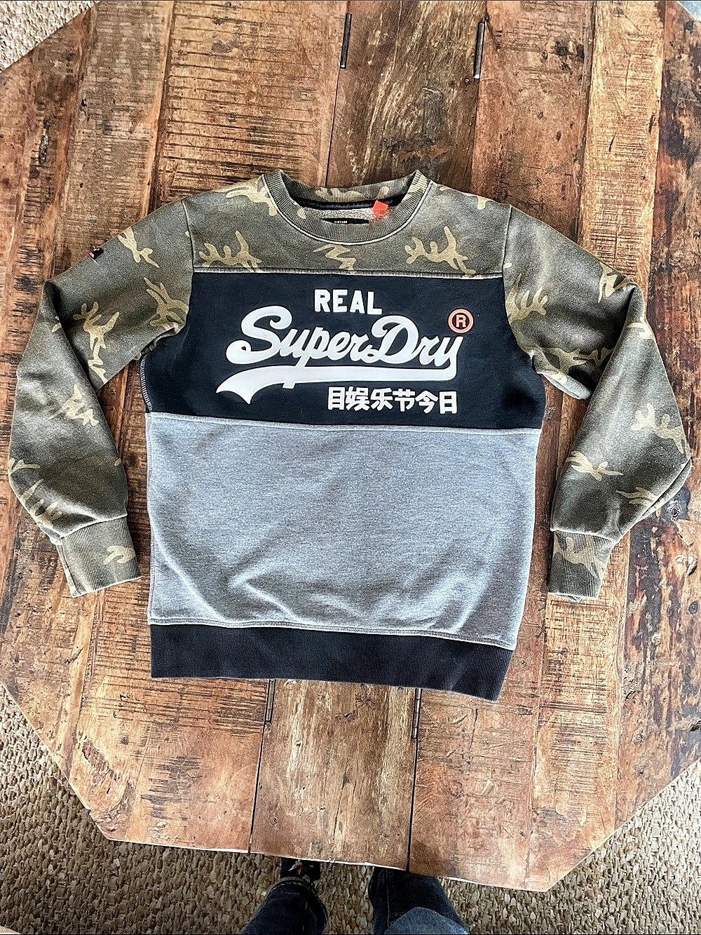Superdry Vintage Logo Camo Panel Sweatshirt Gray & Black Medium